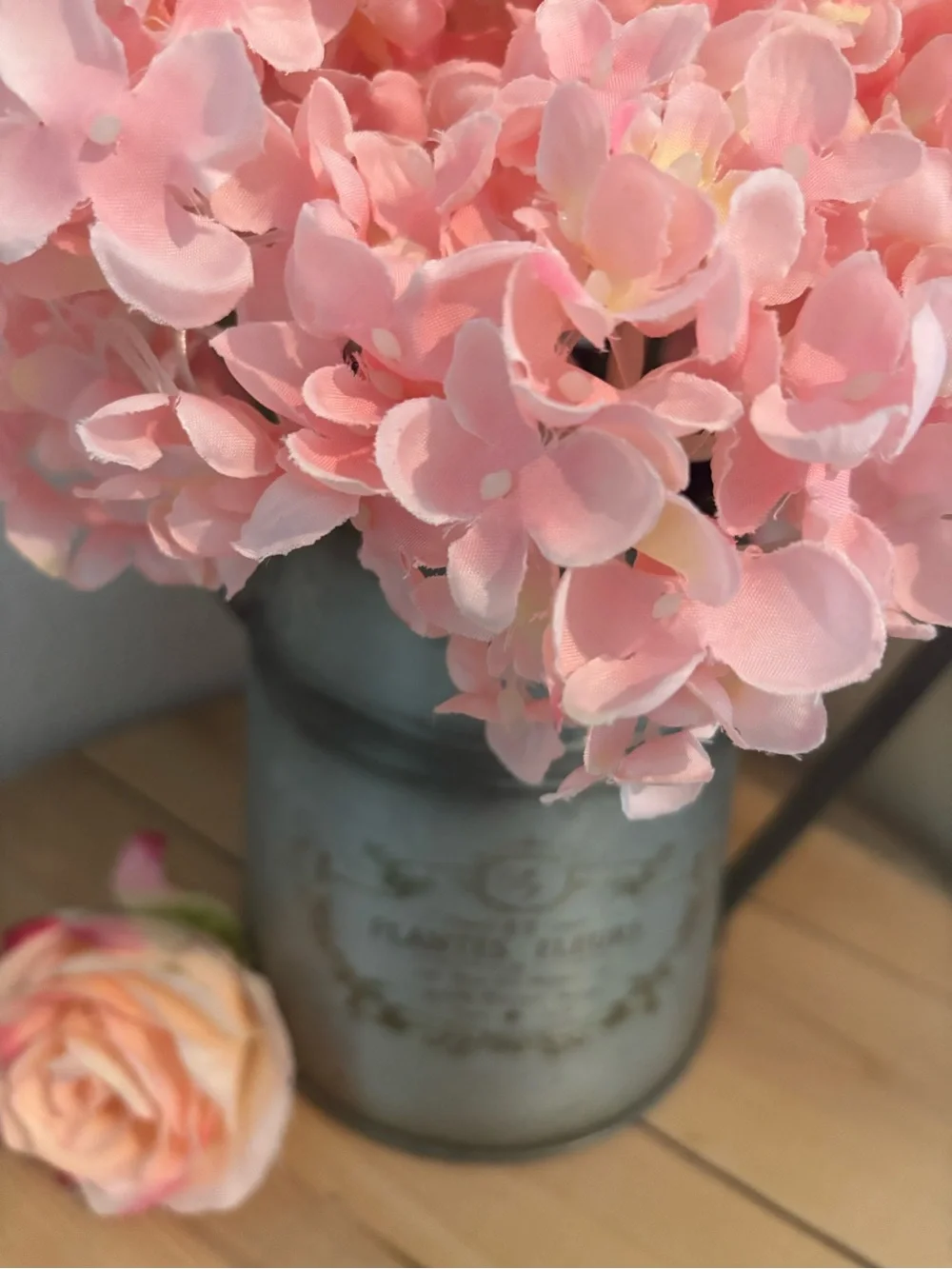 Hand Crafted Soft Pink Hydrangea Bouquet in Metal Pitcher Final Sale